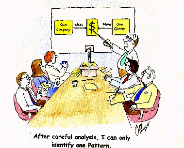 cartoon of work meeting with five people sitting around a desk and one person pointing at a presentation slide