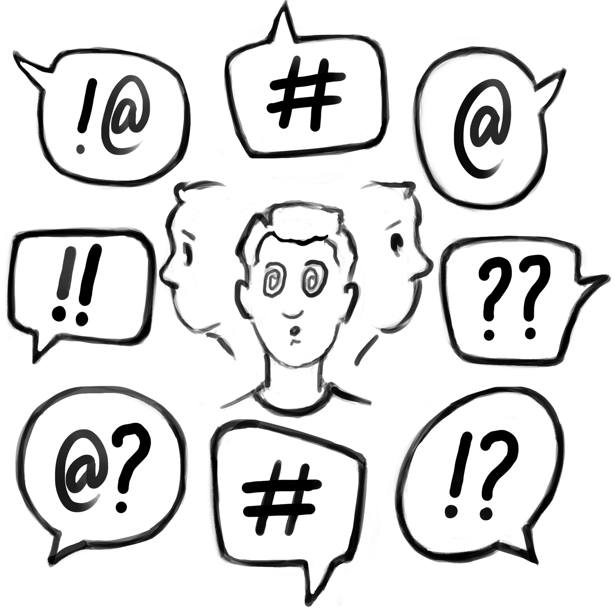 a picture of many people speaking and a person in the middle of the interruptions with a dizzy face