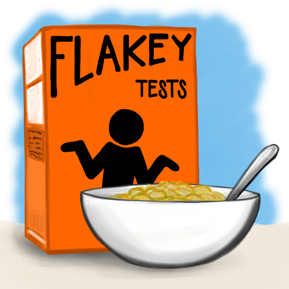 Faux cereal box of Flakey Tests, with a silhouette of a shrugging person.