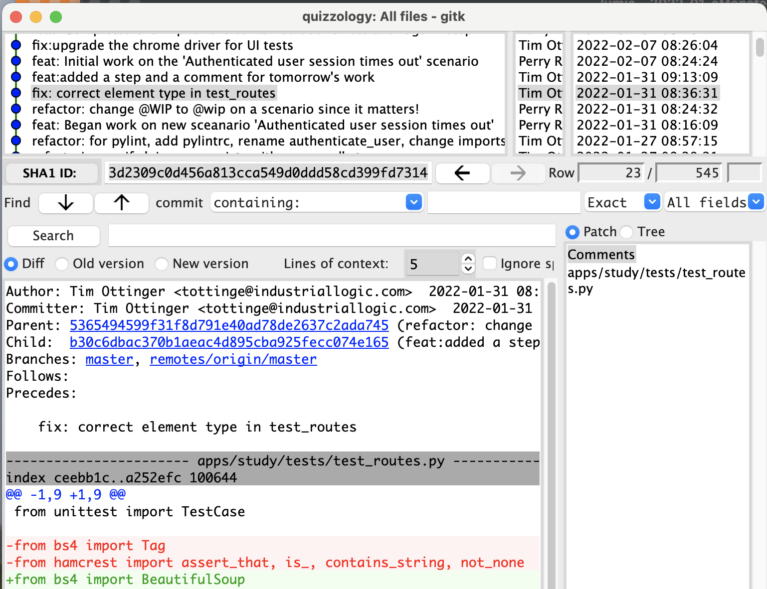 image of gitk tool showing commits