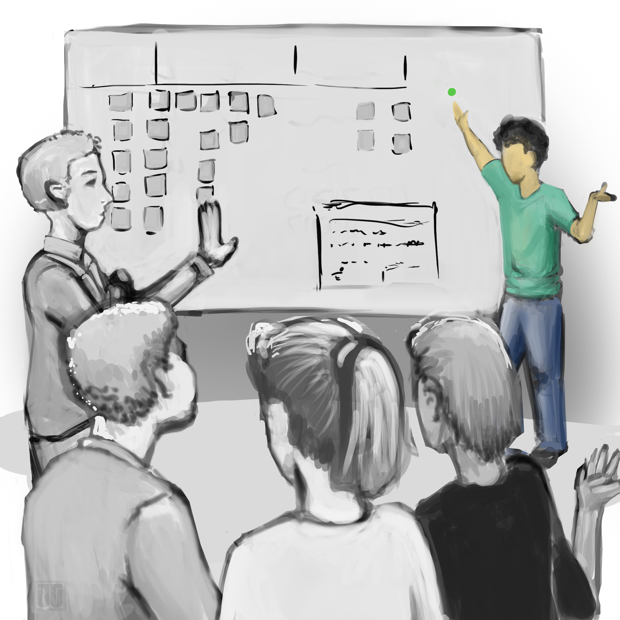 Hand drawn image of four people looking at a whiteboard, and one presenter at the whiteboard pointing to a green dot.