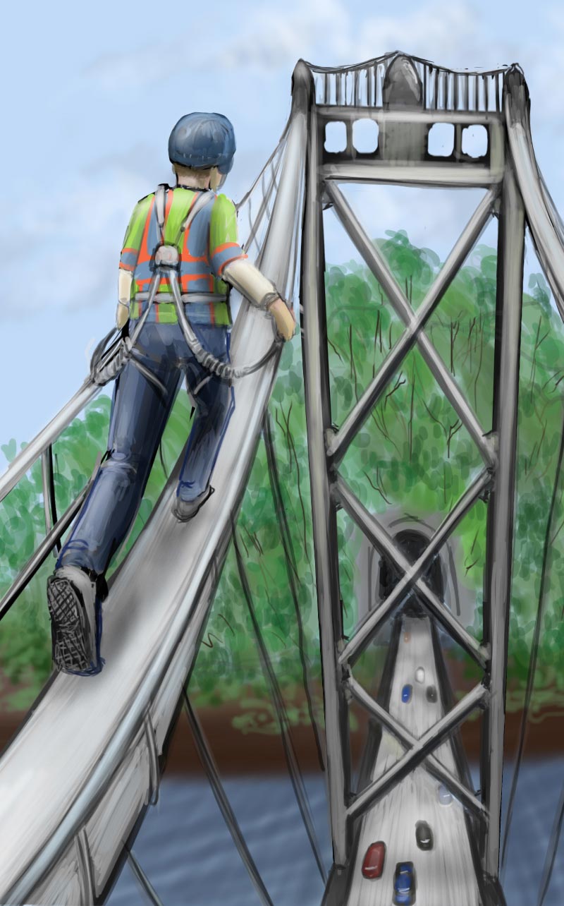 Golden Gate Bridge safely walking along cable using safety harness and guardrails