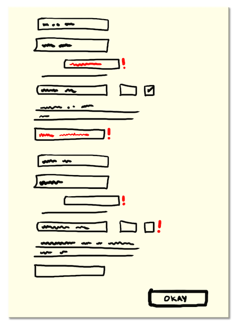a hand-drawn image of a dialog box with one button and many fields