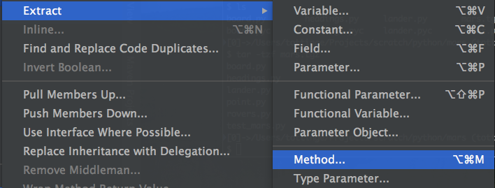 refactoring menu highlighting how to extract a method
