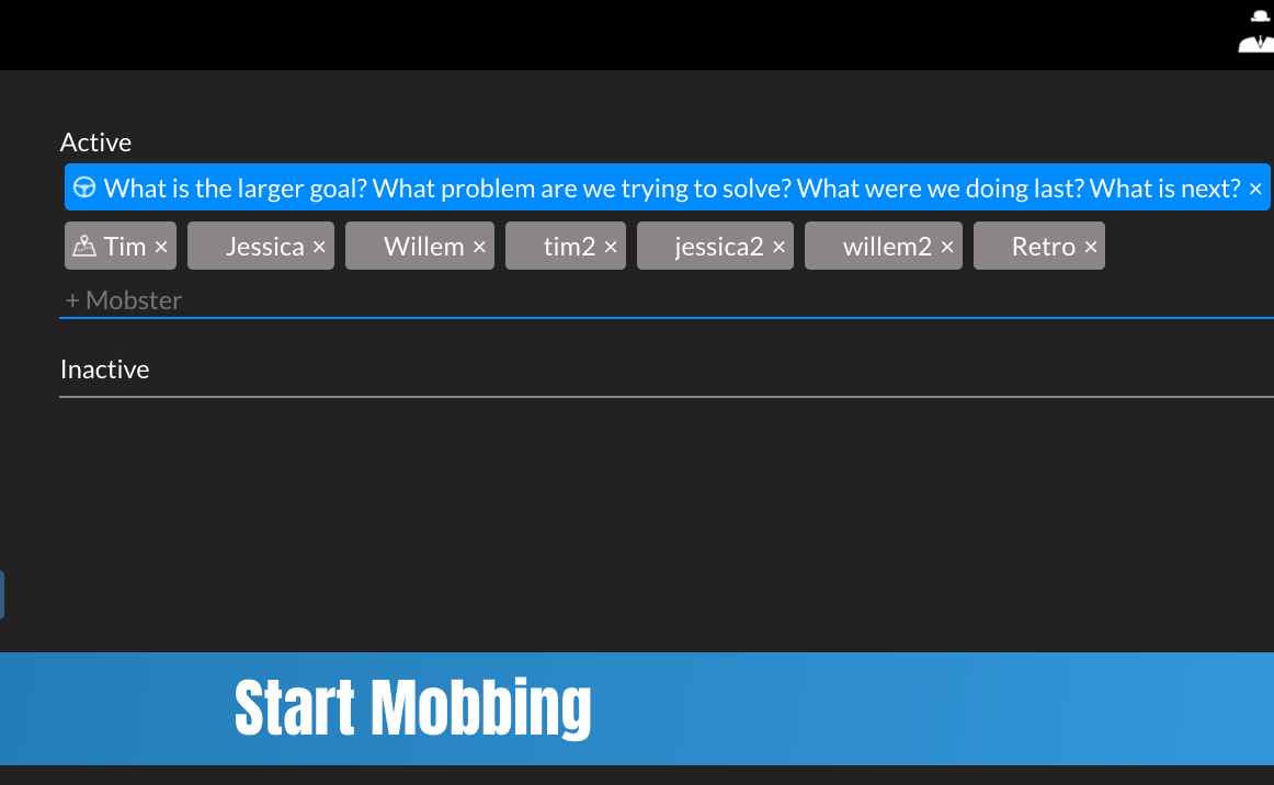 Screenshot of Mobster tool, with 8 participant names and a question