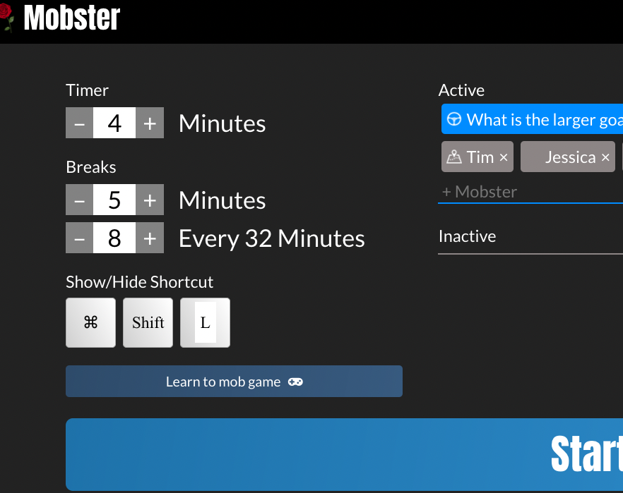 Mobster tool, zoomed in on the timer and rotation section.