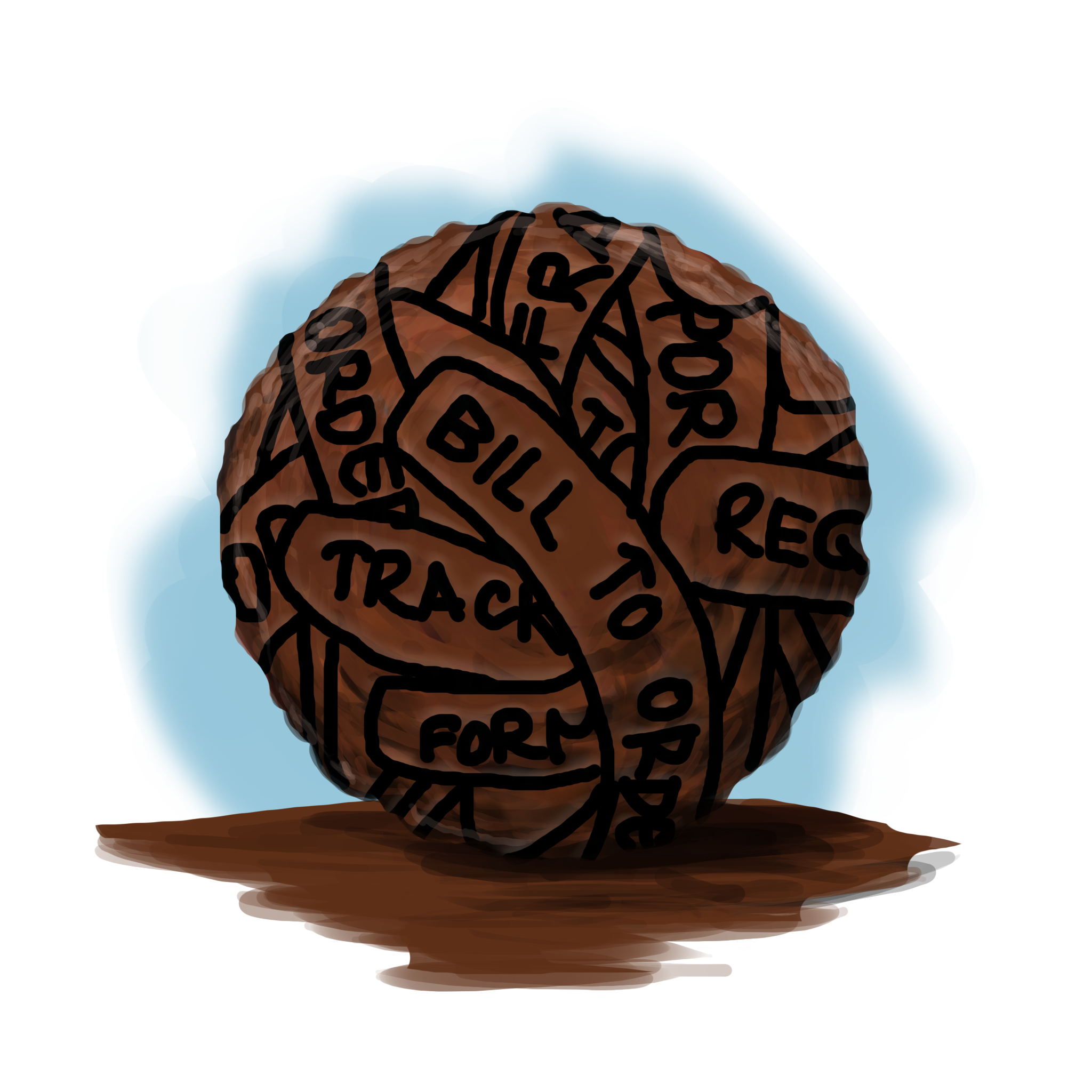 Hand drawn image of a brown, ball of mud, comprising of strips of words and phrases.