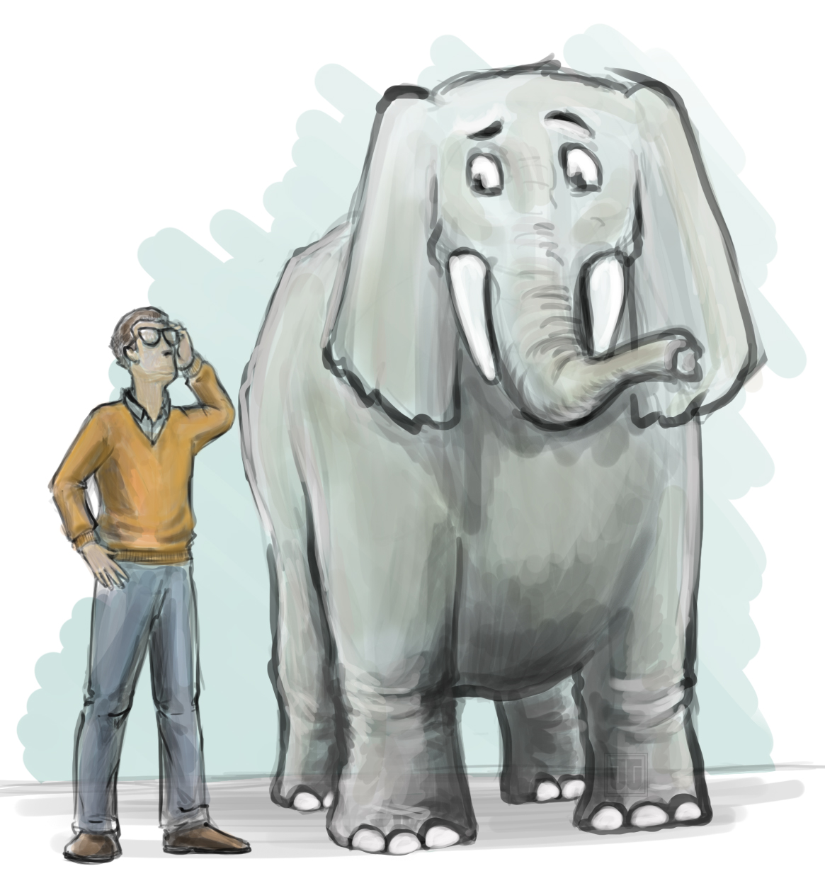A drawing of a human wearing glasses, standing next to and looking up towards a elephant with eyebrows in a confused expression