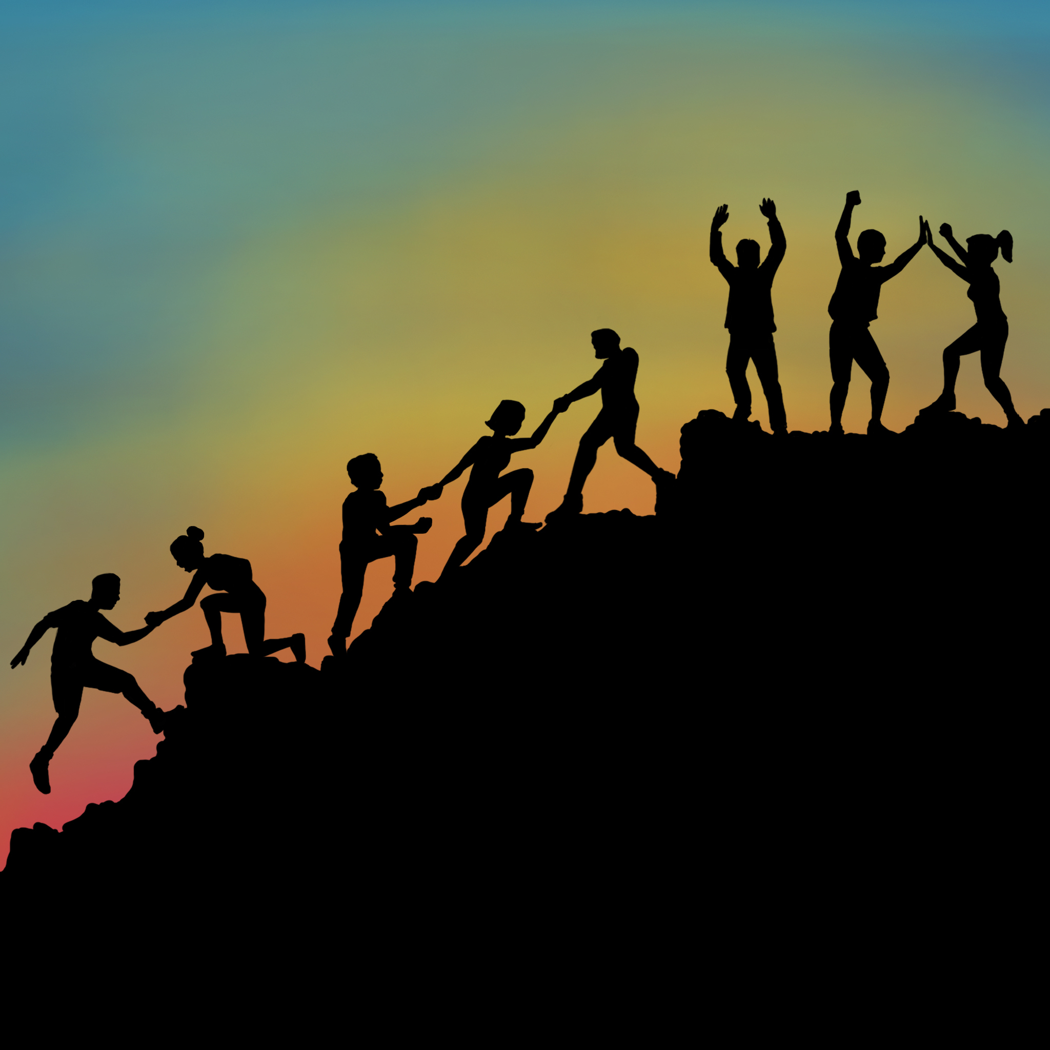 Silouettes of people helping others climb a mountain at dusk.