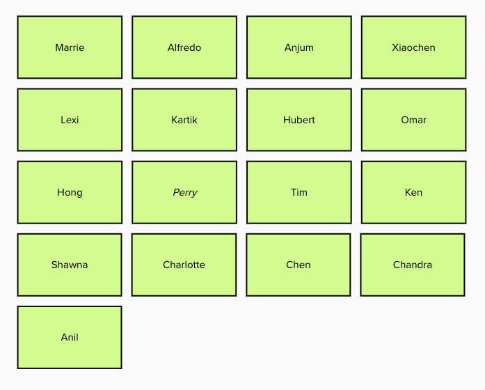 A five by four grid of lime green rectangles, each with a single name